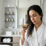 امرأة عربية تنظر إلى أطراف شعرها الجافة والهايشة بعد الاستحمام داخل حمام نظيف مع عنوان المقال على مساحة واضحة.