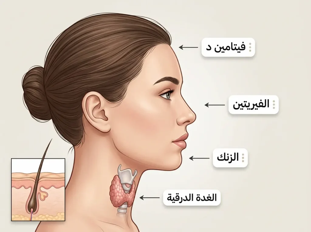 رسم طبي نظيف يربط جفاف الشعر المزمن بعوامل داخلية مثل الغدة الدرقية وفيتامين د والفيريتين والزنك.