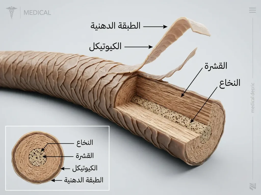 رسم طبي ثلاثي الأبعاد يوضح طبقات الشعرة من الخارج إلى الداخل: الطبقة الدهنية والكيوتيكل والقشرة والنخاع.