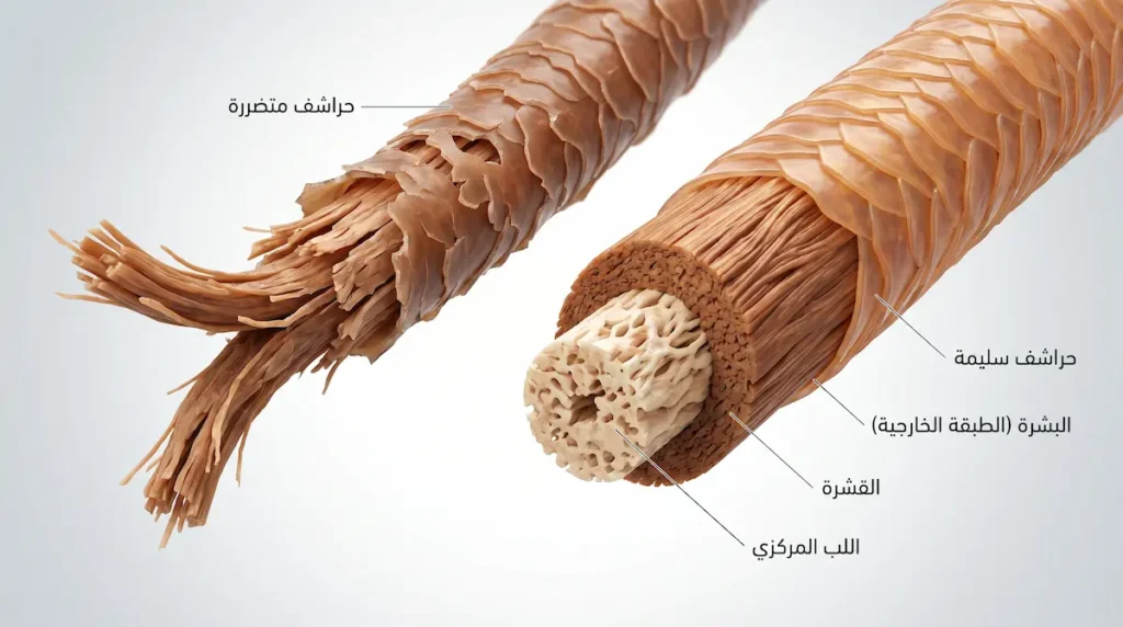  رسم توضيحي طبي ثلاثي الأبعاد يُظهر المقطع العرضي والطولي لشعرة بشرية بطبقاتها الثلاث مع مقارنة بين حراشف سليمة ومتضررة