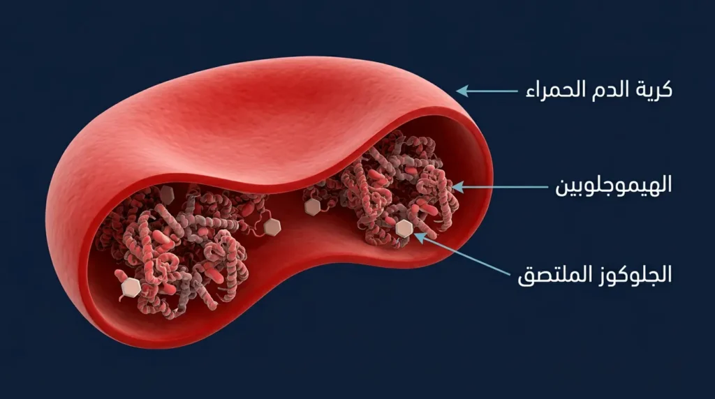 رسم طبي دقيق يُظهر ارتباط الجلوكوز بالهيموجلوبين داخل كرية الدم الحمراء لتكوين HbA1c.