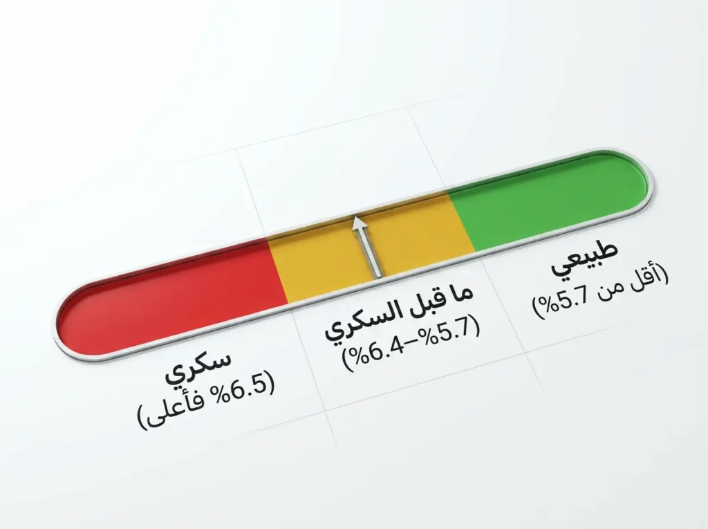 مقياس بصري لنطاقات نتيجة تحليل السكر التراكمي بين الطبيعي وما قبل السكري والسكري.