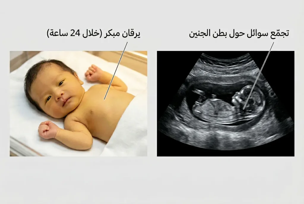صورة سريرية مزدوجة تُظهر علامتين تحذيريتين لانحلال الدم الوليدي وهما اليرقان المبكر عند المولود وتجمع السوائل الجنيني على الموجات فوق الصوتية