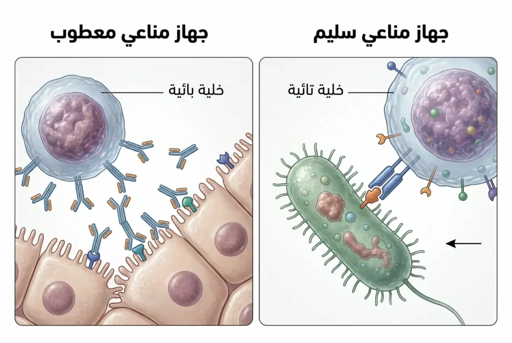 مقارنة بين الجهاز المناعي السليم والجهاز المناعي المعطوب في أمراض المناعة الذاتية