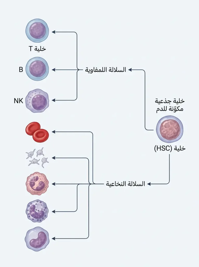  مخطط علمي لتكوّن خلايا الدم (Hematopoiesis) من الخلية الجذعية إلى جميع أنواع خلايا الدم