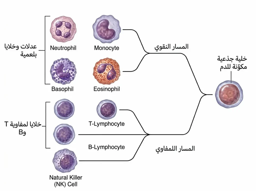 رسم طبي لمسارات تمايز الخلايا الجذعية في نقي العظم نحو أنواع كريات الدم البيضاء المختلفة