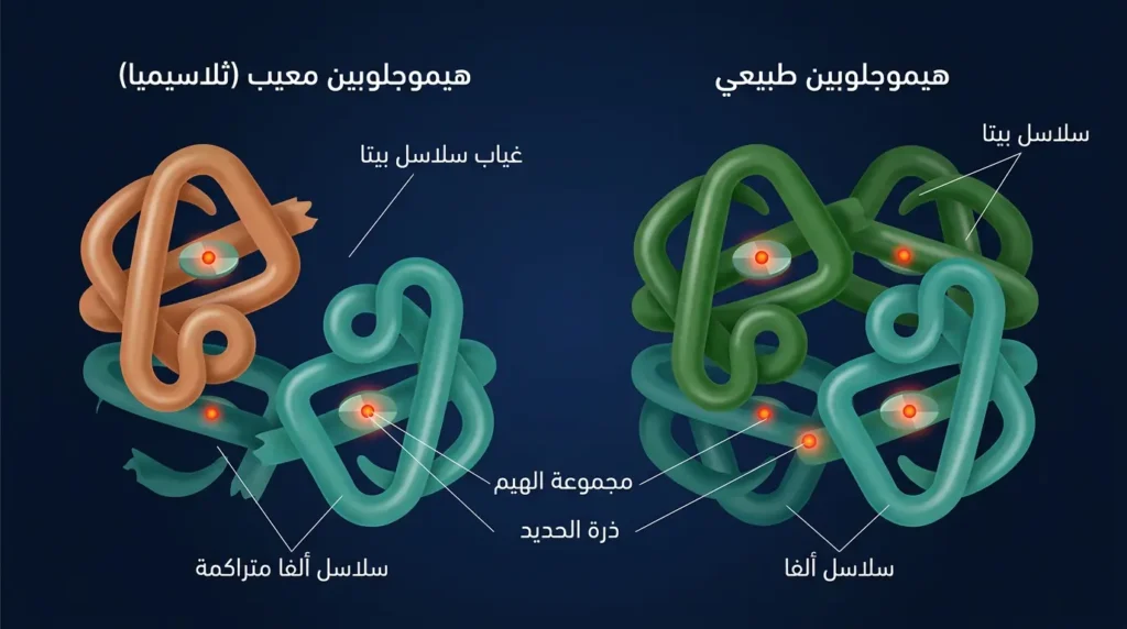 مقارنة بين جزيء الهيموغلوبين الطبيعي وجزيء الهيموغلوبين المعيب في مرض الثلاسيميا