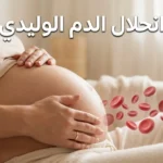 صورة غلاف لمقال طبي عن انحلال الدم الوليدي تُظهر بطن حامل مع كريات دم حمراء مصوّرة بأسلوب علمي واقعي