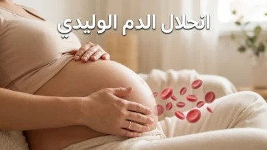 صورة غلاف لمقال طبي عن انحلال الدم الوليدي تُظهر بطن حامل مع كريات دم حمراء مصوّرة بأسلوب علمي واقعي