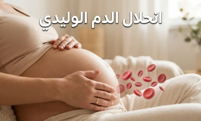 صورة غلاف لمقال طبي عن انحلال الدم الوليدي تُظهر بطن حامل مع كريات دم حمراء مصوّرة بأسلوب علمي واقعي