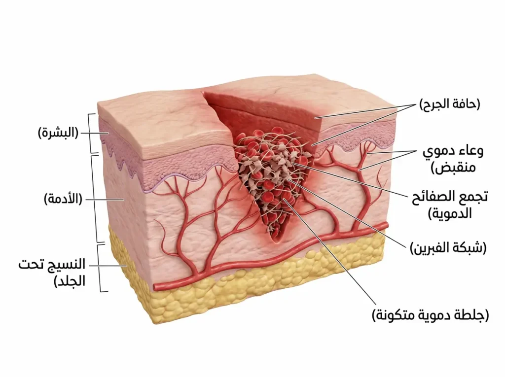 تصيير طبي ثلاثي الأبعاد يوضح جرحاً في الجلد مع الأوعية الدموية والصفائح الدموية وشبكة الفيبرين المسؤولة عن إيقاف النزيف.