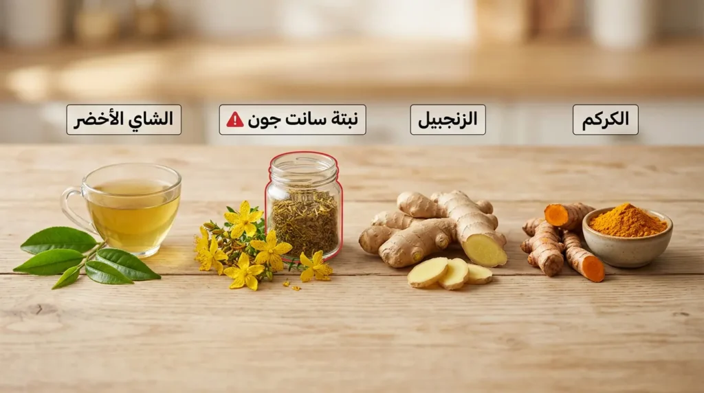 صورة توضيحية للأعشاب والمكملات التي قد تتداخل مع أدوية سرطان عنق الرحم تشمل الكركم والزنجبيل ونبتة سانت جون والشاي الأخضر