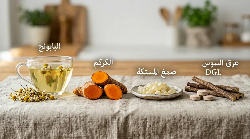أربعة مكملات عشبية تُستخدم لدعم مرضى ارتجاع المريء: عرق السوس منزوع الغليسيريزين وصمغ المستكة والكركم والبابونج