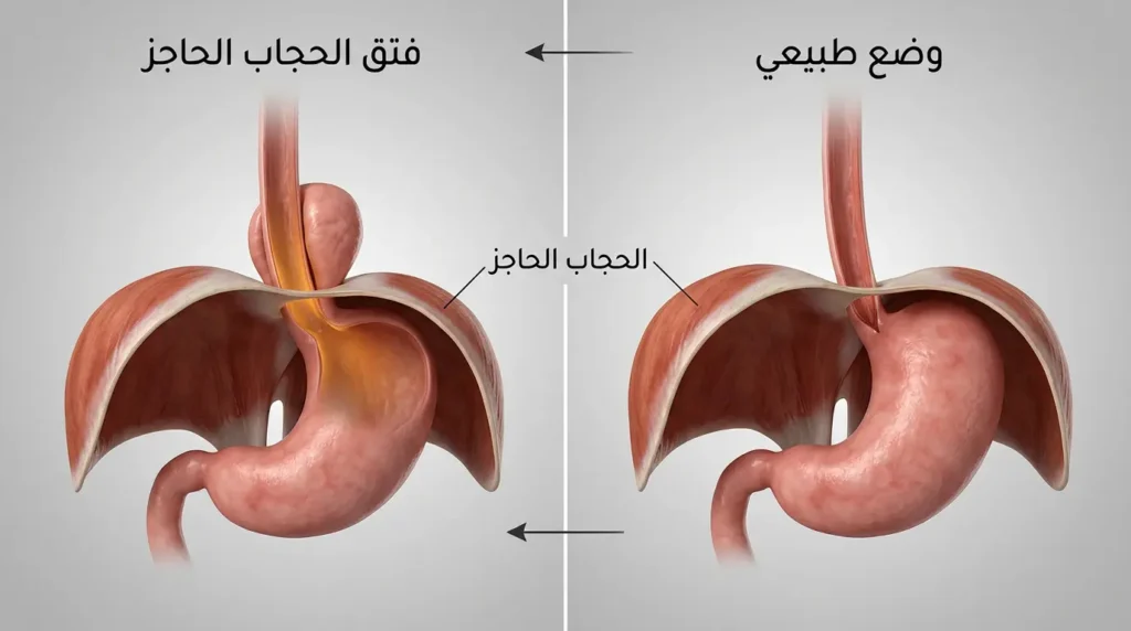 مقارنة تشريحية ثلاثية الأبعاد بين الوضع الطبيعي للمعدة تحت الحجاب الحاجز وحالة فتق الحجاب الحاجز حيث ينزلق جزء من المعدة إلى تجويف الصدر