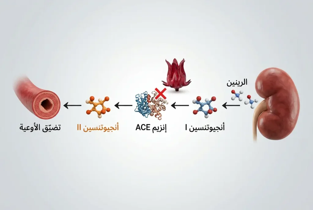رسم ثلاثي الأبعاد يوضح نظام الرينين-أنجيوتنسين وموضع تأثير الكركديه في تثبيط إنزيم ACE