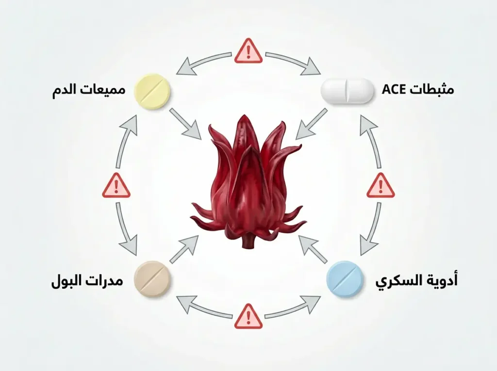 رسم توضيحي يُظهر تداخل الكركديه مع أربع فئات رئيسية من الأدوية الشائعة