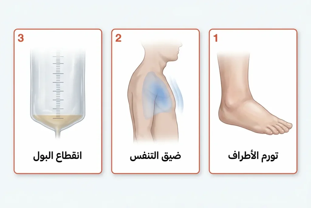 رسم توضيحي طبي يُظهر ثلاث علامات تحذيرية خطيرة لارتفاع الكرياتينين: تورم الأطراف وضيق التنفس وانقطاع البول