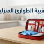 حقيبة طوارئ منزلية مرتبة على طاولة نظيفة مع مستلزمات إسعاف أساسية ومساحة واضحة لعنوان المقال.