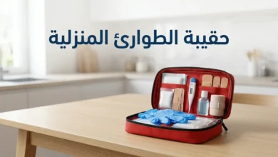 حقيبة طوارئ منزلية مرتبة على طاولة نظيفة مع مستلزمات إسعاف أساسية ومساحة واضحة لعنوان المقال.