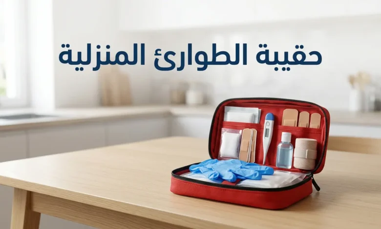 حقيبة طوارئ منزلية مرتبة على طاولة نظيفة مع مستلزمات إسعاف أساسية ومساحة واضحة لعنوان المقال.