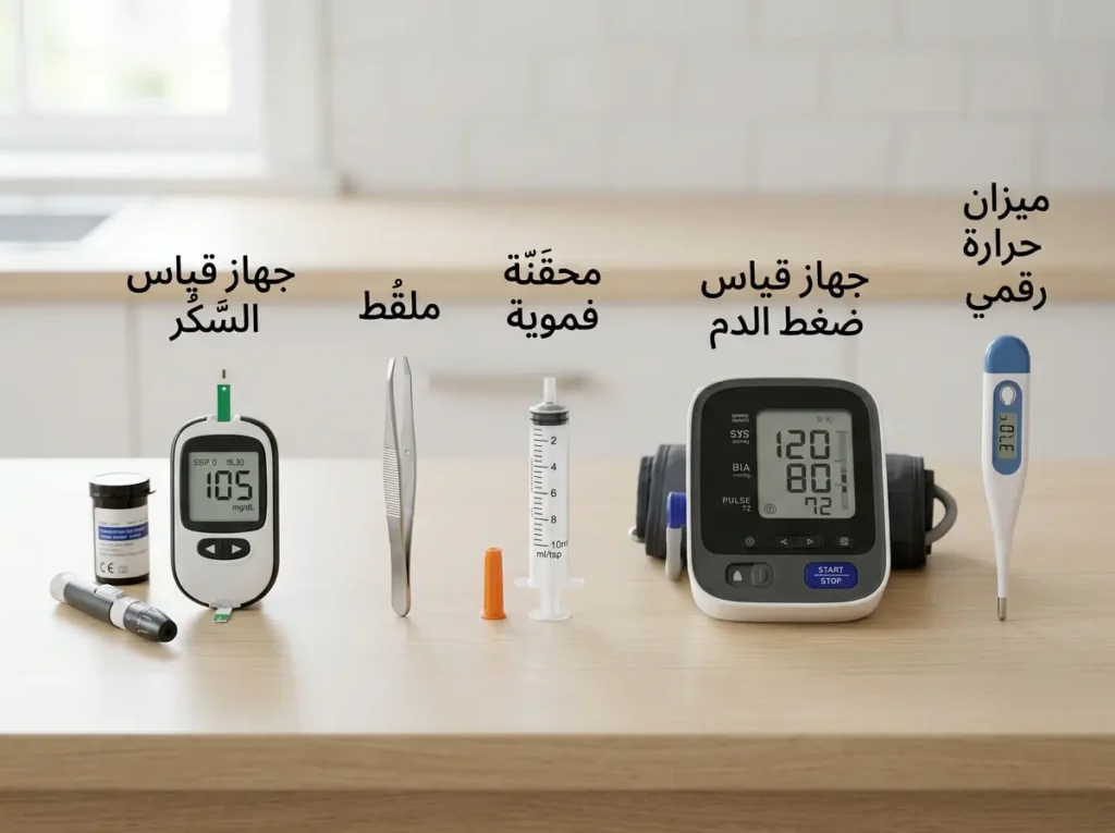 مجموعة من الأجهزة الطبية المنزلية الأساسية تشمل ميزان حرارة رقمي وجهاز ضغط ومحقنة فموية وملقط وجهاز قياس السكر.