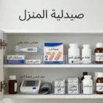 خزانة صيدلية منزلية مرتبة تحتوي على مستلزمات وأدوية أساسية مع مساحة نظيفة لعنوان صيدلية المنزل.