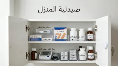 خزانة صيدلية منزلية مرتبة تحتوي على مستلزمات وأدوية أساسية مع مساحة نظيفة لعنوان صيدلية المنزل.