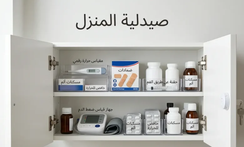 خزانة صيدلية منزلية مرتبة تحتوي على مستلزمات وأدوية أساسية مع مساحة نظيفة لعنوان صيدلية المنزل.