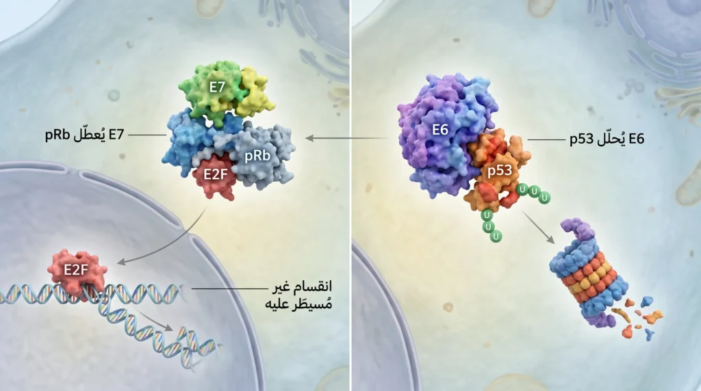 رسم ثلاثي الأبعاد يُوضّح كيف يُعطّل فيروس HPV الكابحات الورمية p53 وpRb عبر بروتينَي E6 وE7