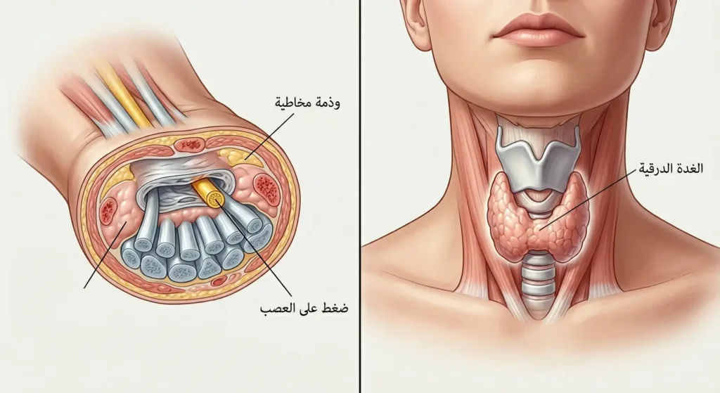 صورة طبية توضح العلاقة بين قصور الغدة الدرقية واحتباس السوائل الذي يسبب ضغطاً على الأعصاب الطرفية مثل العصب المتوسط في النفق الرسغي