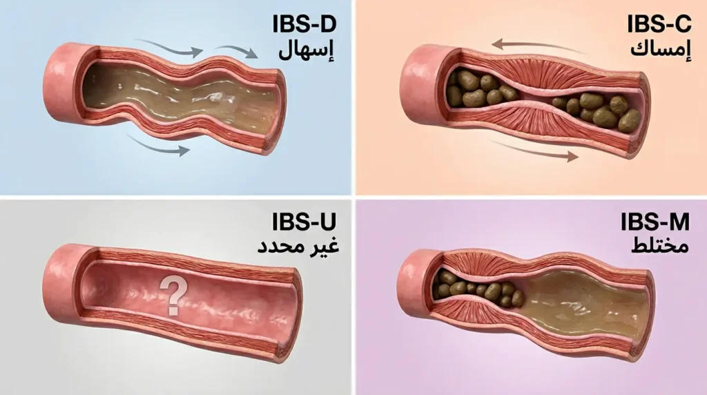 رسم ثلاثي الأبعاد واقعي يوضح الأنواع الأربعة لمتلازمة القولون العصبي مع الفرق في حركة الأمعاء ونمط البراز لكل نوع