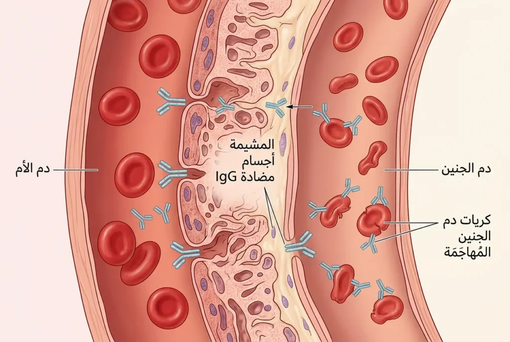 رسم طبي علمي يوضح آلية عبور الأجسام المضادة IgG من دم الأم عبر المشيمة لمهاجمة كريات دم الجنين في انحلال الدم الوليدي