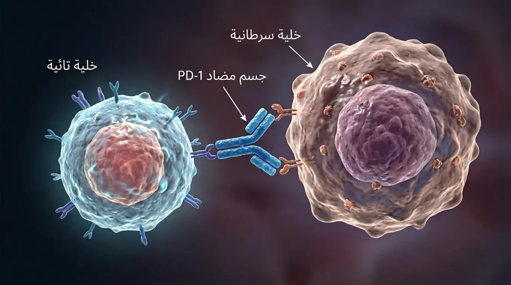 رسم طبي واقعي يوضّح آلية عمل العلاج المناعي بمثبّطات نقاط التفتيش ضد سرطان القولون
