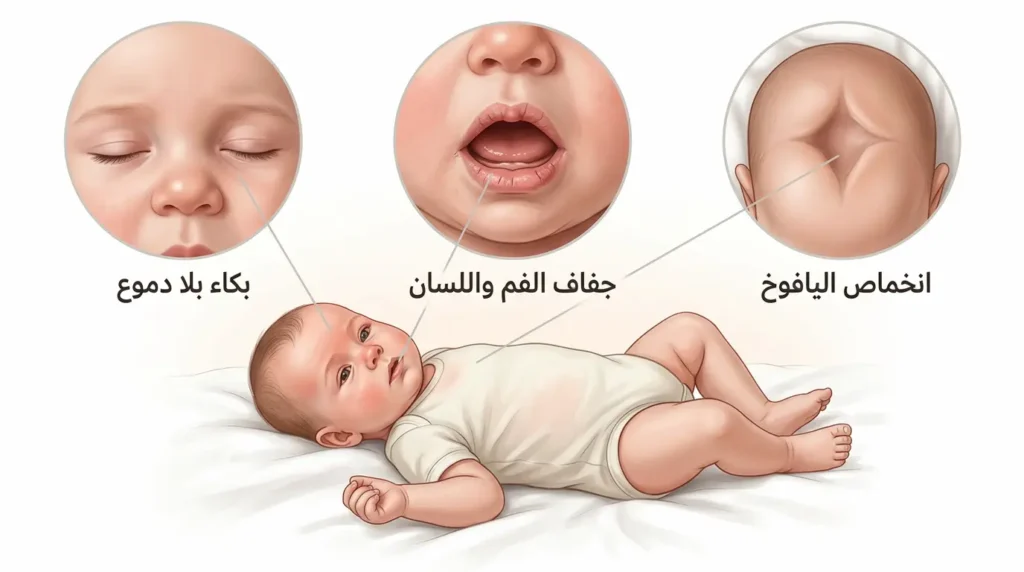 رسم طبي يوضح ثلاث علامات رئيسة للجفاف عند الرضع أثناء الحمى تشمل انخماص اليافوخ وجفاف الفم والبكاء بلا دموع