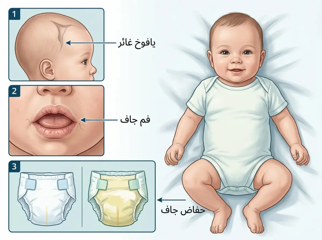 رسم طبي يوضح ثلاث علامات تحذيرية للجفاف عند الرضيع تستدعي زيارة الطبيب فوراً