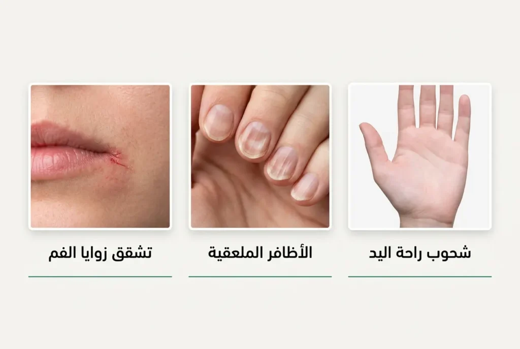 صورة سريرية واقعية تُظهر ثلاث علامات جسدية لفقر الدم وهي شحوب الكف والأظافر المقعرة والتهاب زوايا الفم