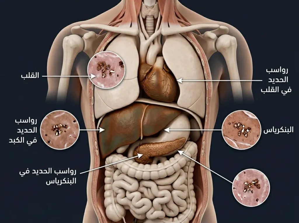  رسم تشريحي ثلاثي الأبعاد يُظهر مواضع تراكم الحديد الزائد في أعضاء مريض الثلاسيميا