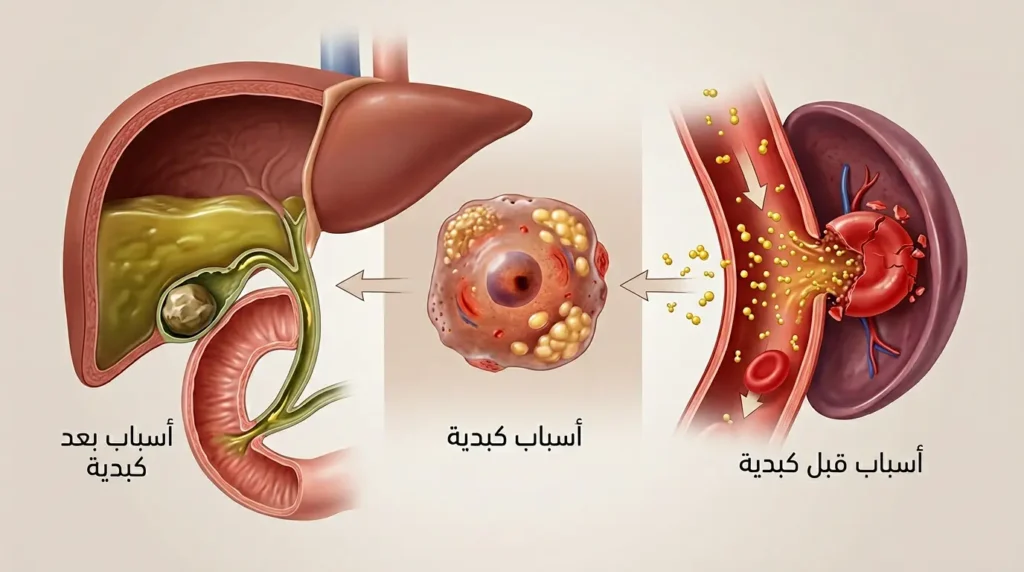 رسم طبي ثلاثي الأبعاد يُوضّح التصنيف الثلاثي لأسباب اصفرار العين: أسباب قبل كبدية وكبدية وبعد كبدية