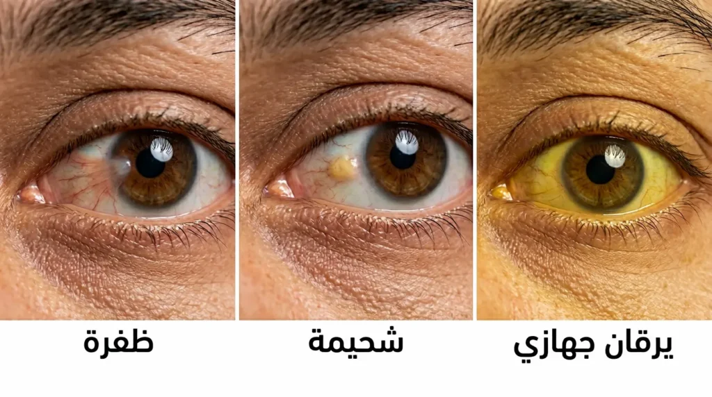 مقارنة بصرية بين ثلاث حالات تسبّب اصفرار العين: اليرقان الجهازي المنتشر في كامل الصُّلبة، والشحيمة كبقعة صفراء محدّدة، والظفرة كنموّ لحمي مثلثي