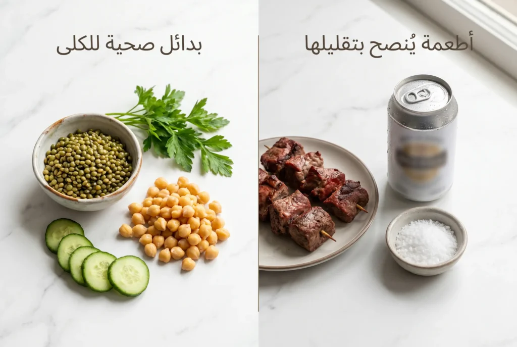 صورة فوتوغرافية تُقارن الأطعمة الواجب تقليلها لمريض ارتفاع الكرياتينين مقابل البدائل الغذائية الصحية الداعمة لوظائف الكلى