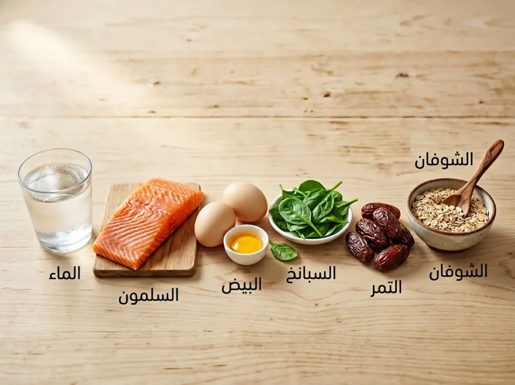 أطعمة طبيعية تدعم إنتاج حليب الأم مرتبة بأسلوب تصوير غذائي احترافي