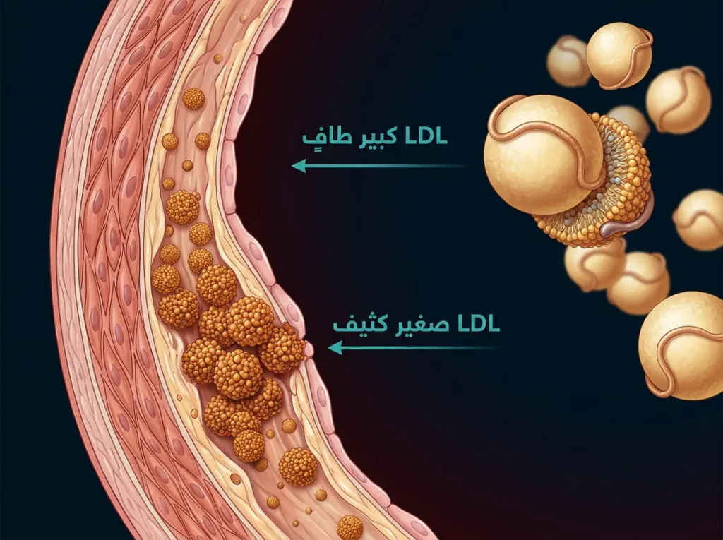 رسم علمي يقارن بين جسيمات LDL الكبيرة الطافية والصغيرة الكثيفة وقدرتها على اختراق جدار الشريان