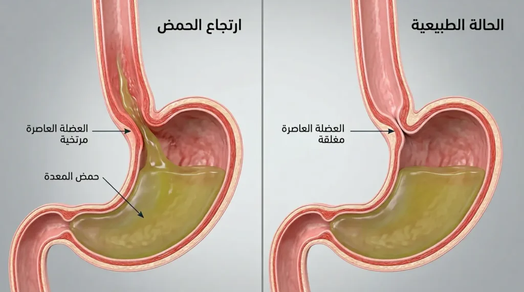 مقارنة تشريحية ثلاثية الأبعاد بين الحالة الطبيعية للعضلة العاصرة المريئية السفلى وحالة الارتجاع حين ترتخي ويصعد الحمض إلى المريء