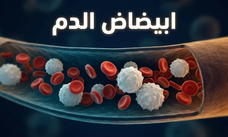 صورة غلاف مقال طبي عن ابيضاض الدم تُظهر خلايا دم داخل وعاء دموي بأسلوب ثلاثي الأبعاد واقعي
