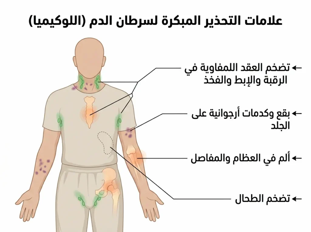 رسم طبي يُظهر توزيع الأعراض الجسدية الرئيسية لسرطان الدم على جسم الإنسان