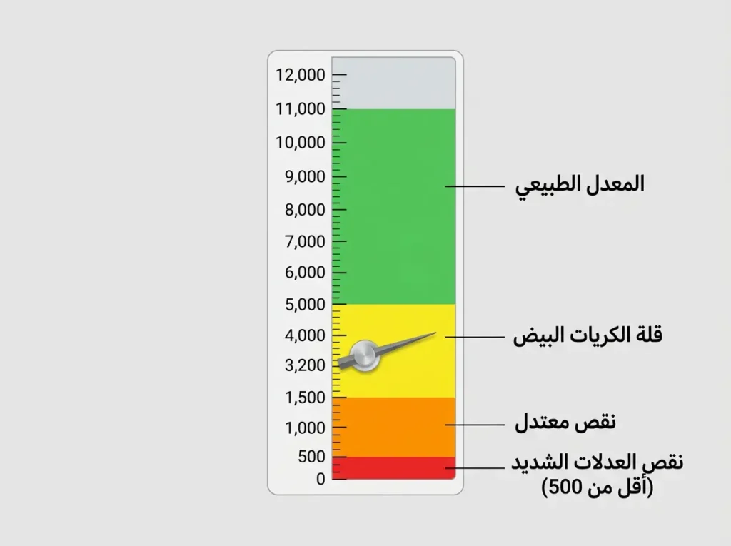 مقياس طبي يوضح نطاقات عدد كريات الدم البيضاء من الطبيعي إلى النقص الشديد