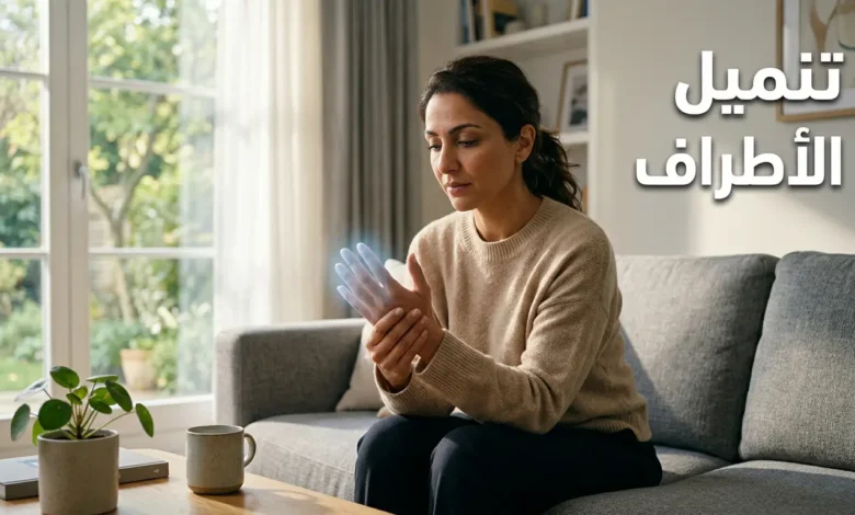 صورة غلاف لمقال طبي عن تنميل الأطراف تُظهر شخصاً يمسك يده بقلق خفيف مع إبراز بصري لطيف لإحساس الوخز في الأصابع