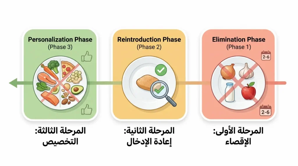 رسم توضيحي يشرح المراحل الثلاث لحمية الفودماب المنخفضة: مرحلة الإقصاء ثم إعادة الإدخال ثم التخصيص من اليمين إلى اليسار