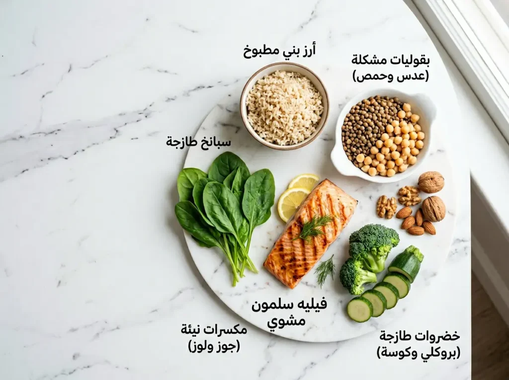 مجموعة أطعمة صحية ذات مؤشر جلايسيمي منخفض مناسبة لخفض السكر التراكمي.