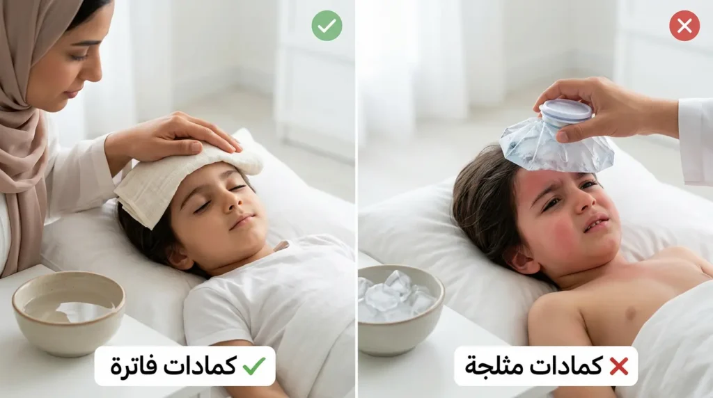 مقارنة بصرية بين الكمادات الفاترة الصحيحة لخفض الحرارة والكمادات المثلجة الخاطئة التي تزيد المشكلة